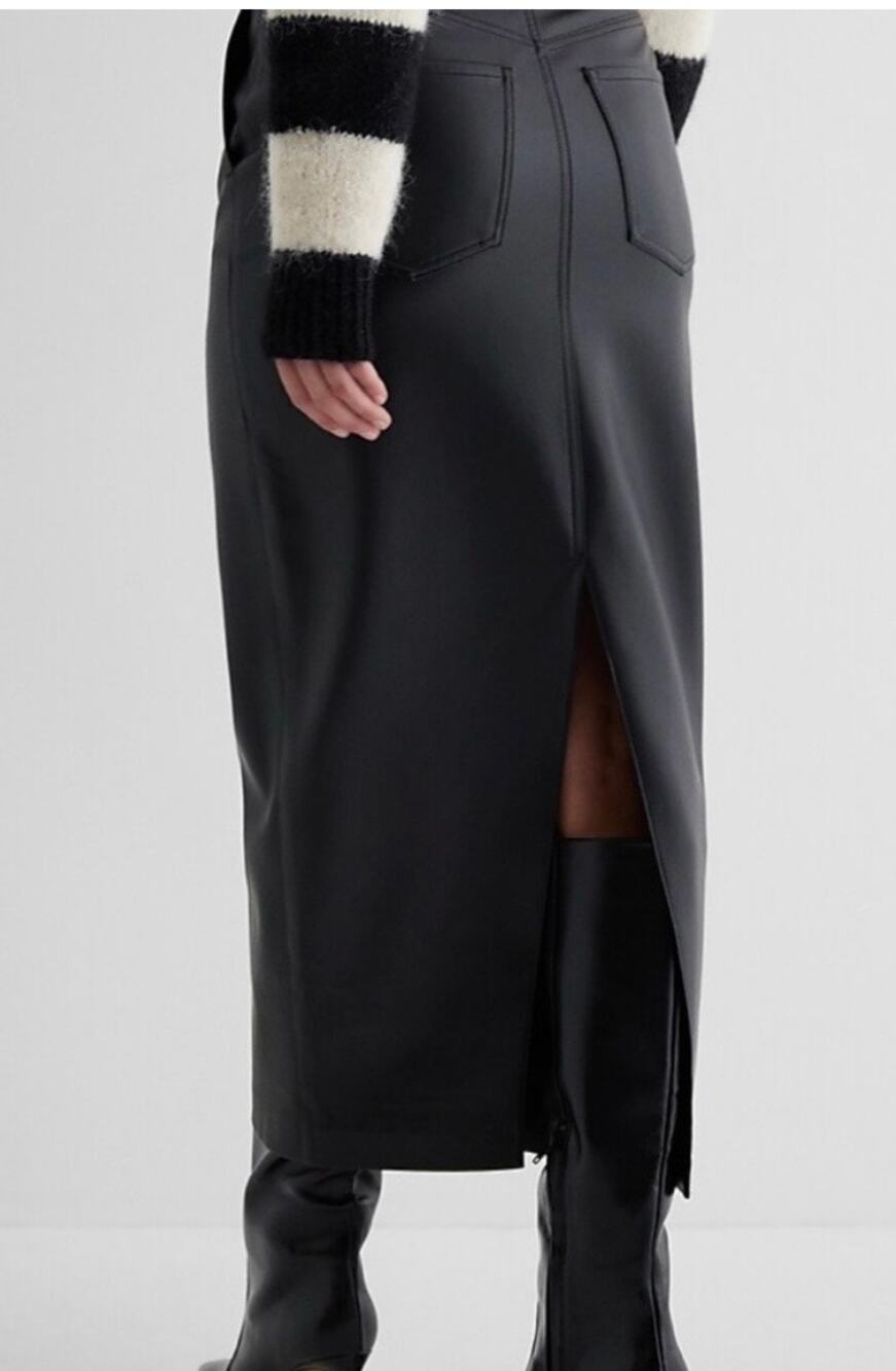Express Skirt Long High Waist Black Faux Leather Back Slit Size 8